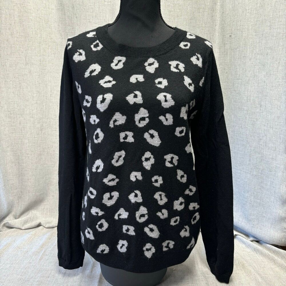 Garnet Hill Leopard Print Black Grey Wool Sweater Crew Neck Women’s‎ Medium
